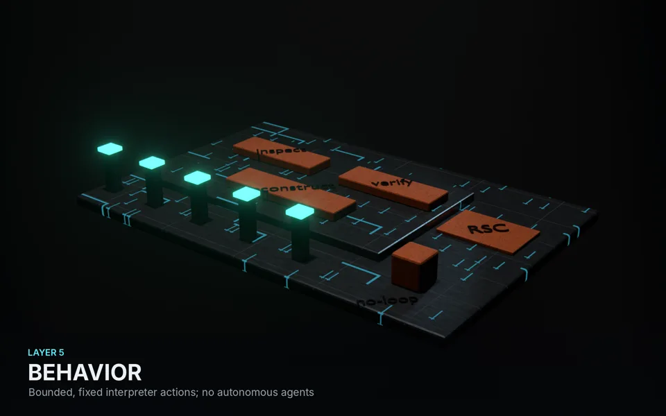 3D render of layer 5, Behavior: a circuit-board plate carrying fixed operation blocks labelled inspect, reconstruct, verify and RSC, a no-loop marker, and a row of glowing input pins. Caption: bounded, fixed interpreter actions; no autonomous agents.
